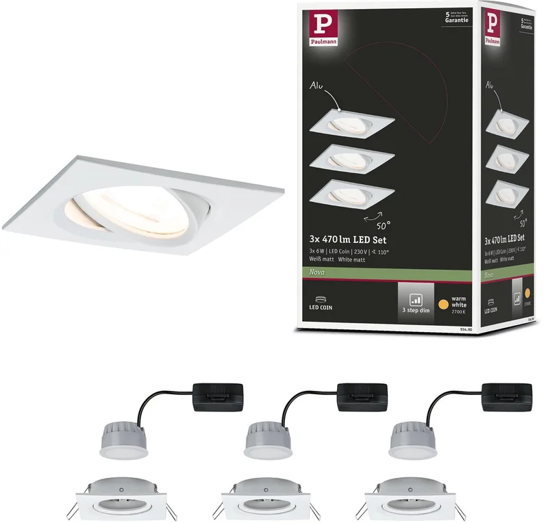LED-inbouwlamp 3-Step-Dim Nova Coin Basisset zwenkbaar hoekig 84x84 mm 50° Coin 3x6W 3x470lm 230V dimbaar 2700K fra Paulmann i Wit mat – produktbillede