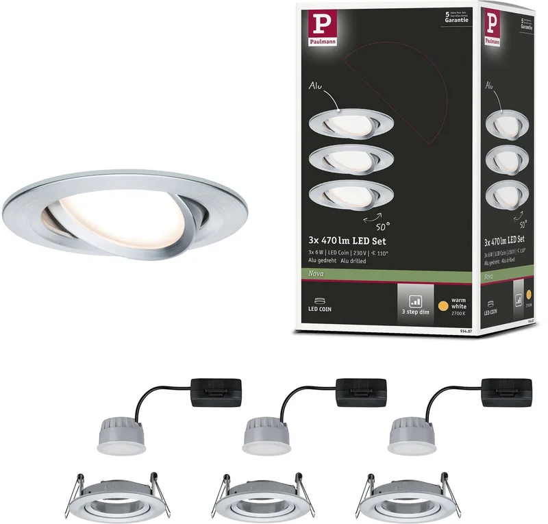 Spot encastrable LED 3-Step-Dim Nova Coin kit de base orientable rond 84 mm 50° Coin 3x6W 3x470lm 230V dimmable 2700K de Paulmann en Alu gedraaid – photo produit 1 sur 3