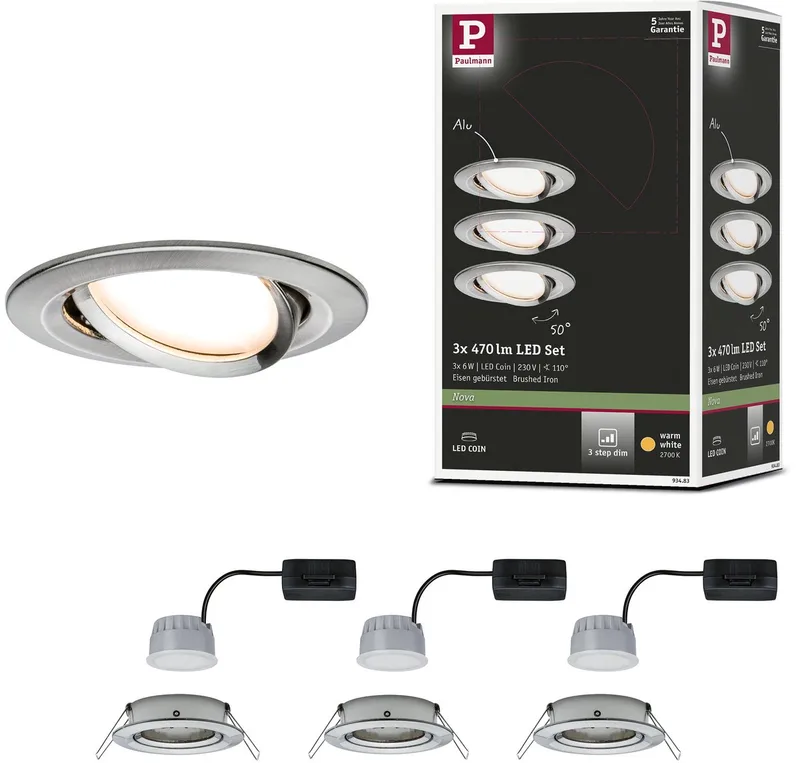 LED-infälld lampa 3-Step-Dim Nova Coin basset svängbar rund 84 mm 50° Coin 3x6W 3x470lm 230V dimbar 2700K från Paulmann i Staal geborsteld – produktbild 1 av 3
