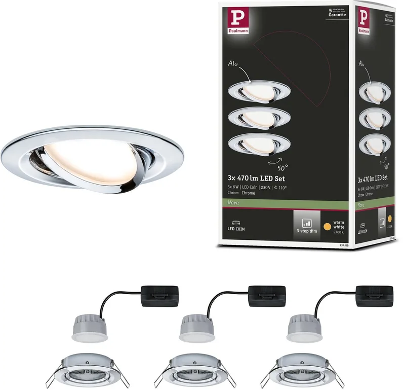 Spot encastrable LED 3-Step-Dim Nova Coin kit de base orientable rond 84 mm 50° Coin 3x6W 3x470lm 230V dimmable 2700K de Paulmann en Chrome – photo produit 1 sur 3