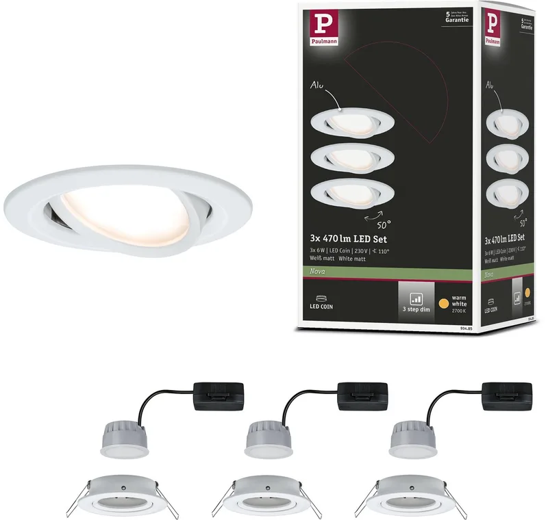 Spot encastrable LED 3-Step-Dim Nova Coin kit de base orientable rond 84 mm 50° Coin 3x6W 3x470lm 230V dimmable 2700K de Paulmann en Wit mat – photo produit 1 sur 3