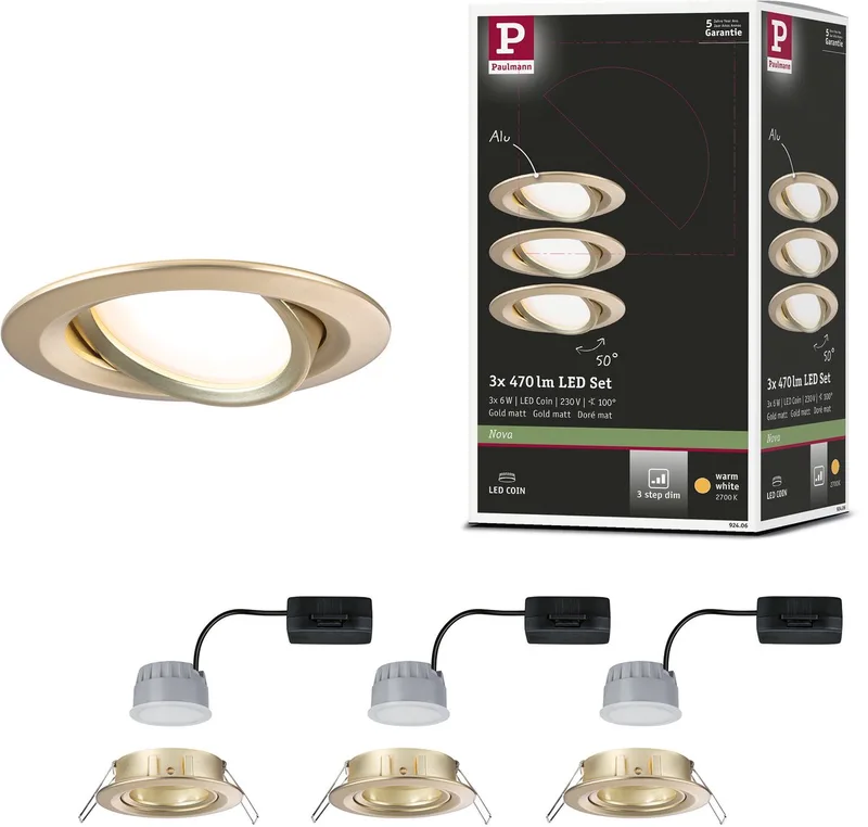Spot encastrable LED 3-Step-Dim Nova Coin kit de base orientable rond 84 mm 50° Coin 3x6W 3x470lm 230V dimmable 2700K de Paulmann en Goud mat – photo produit 1 sur 3