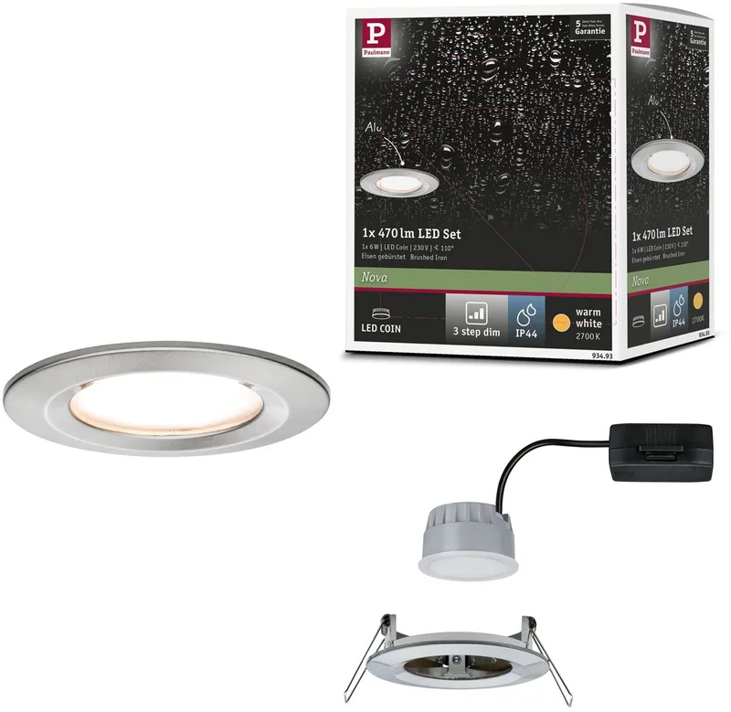 LED-inbouwlamp 3-Step-Dim Nova Coin star IP44 rond 78 mm Coin 6W 470lm 230V dimbaar 2700K från Paulmann i Staal geborsteld – produktbild