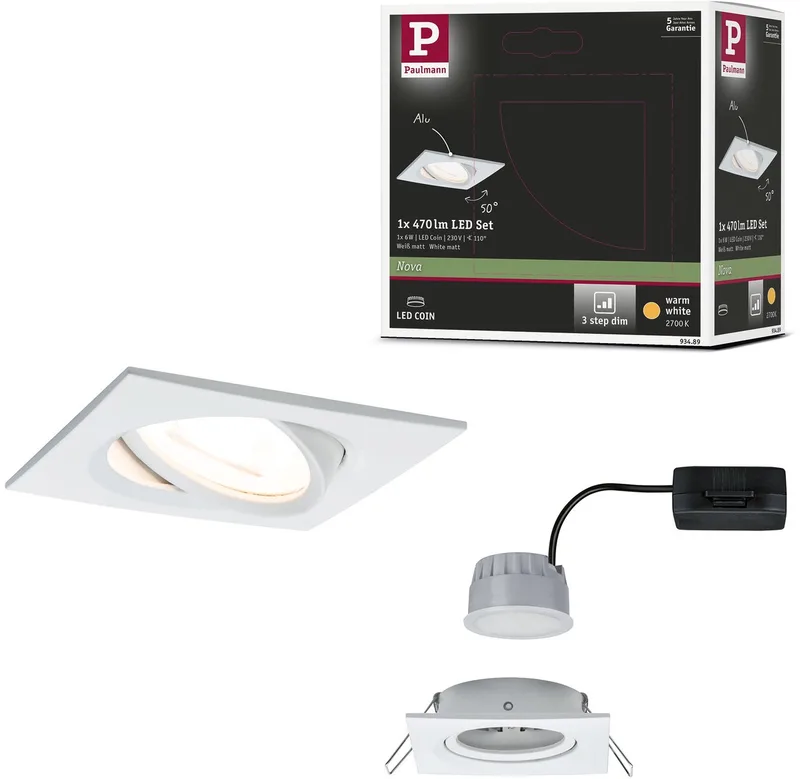LED-inbouwlamp 3-Step-Dim Nova Coin zwenkbaar hoekig 84x84 mm 50° Coin 6W 470lm 230V dimbaar 2700K fra Paulmann i Wit mat – produktbillede
