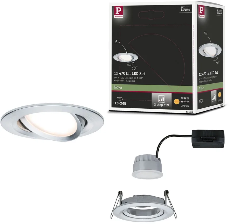 Spot encastrable LED 3-Step-Dim Nova Coin orientable rond 84 mm 50° Coin 6W 470lm 230V dimmable 2700K de Paulmann en Alu gedraaid – photo produit