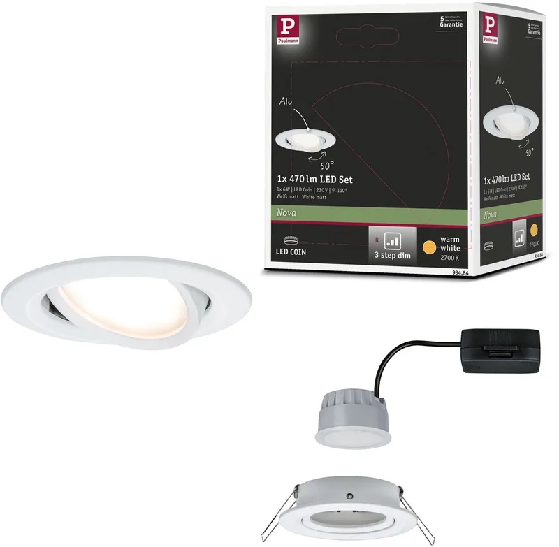 Spot encastrable LED 3-Step-Dim Nova Coin orientable rond 84 mm 50° Coin 6W 470lm 230V dimmable 2700K de Paulmann en Wit mat – photo produit