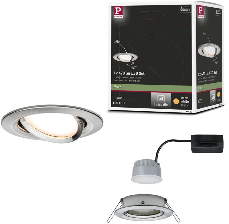 LED-infälld lampa 3-Step-Dim Nova Coin svängbar rund 84 mm 50° Coin 6W 470lm 230V dimbar 2700K från Paulmann i Staal geborsteld – produktbild
