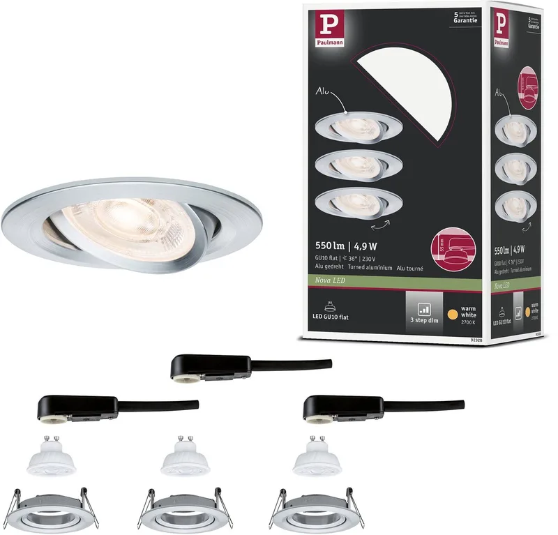 LED-inbouwlamp 3-Step-Dim Nova GU10 Flat draaibaar 3x4,9W 3x550lm 230V dimbaar 2700K de Paulmann en Alu gedraaid – photo produit