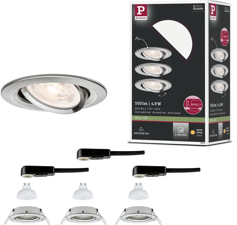 LED-inbouwlamp 3-Step-Dim Nova GU10 Flat draaibaar 3x4,9W 3x550lm 230V dimbaar 2700K de Paulmann en Staal geborsteld – photo produit
