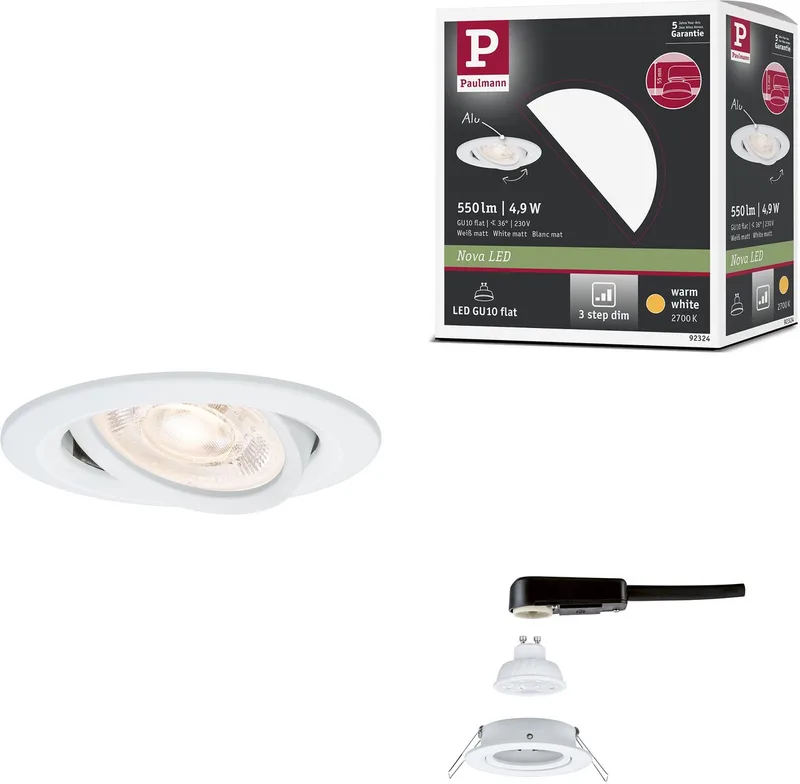 LED-inbouwlamp 3-Step-Dim Nova GU10 Flat draaibaar 4,9W 550lm 230V dimbaar 2700K från Paulmann i Wit mat – produktbild