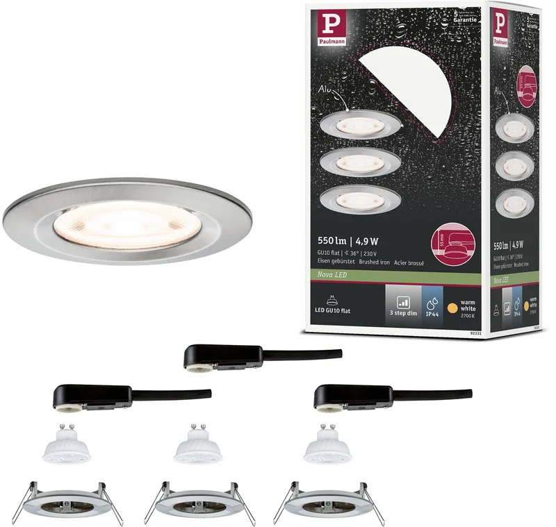 LED-inbouwlamp 3-Step-Dim Nova GU10 Flat stijf IP44 3x4,9W 3x550lm 230V dimbaar 2700K van Paulmann in Staal geborsteld – productfoto