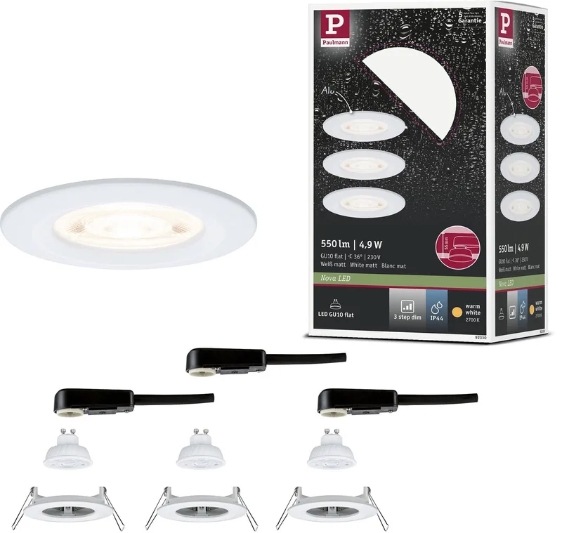 LED-inbouwlamp 3-Step-Dim Nova GU10 Flat stijf IP44 3x4,9W 3x550lm 230V dimbaar 2700K de Paulmann en Wit mat – photo produit