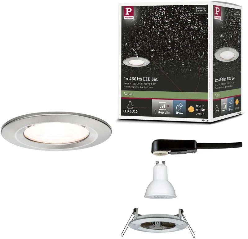LED-inbouwlamp 3-Step-Dim Nova star IP44 rond 78 mm GU10 6,5W 460lm 230V dimbaar 2700K de Paulmann en Staal geborsteld – photo produit