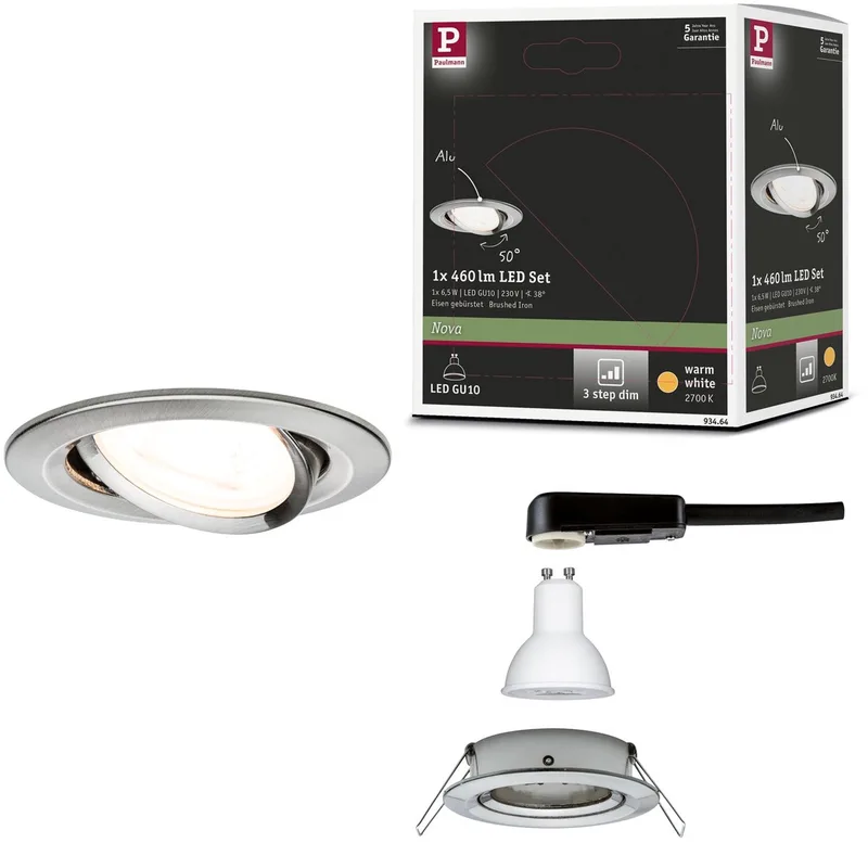 LED-inbouwlamp 3-Step-Dim Nova zwenkbaar rond 84 mm 50° GU10 6,5W 460lm 230V dimbaar 2700K de Paulmann en Staal geborsteld – photo produit