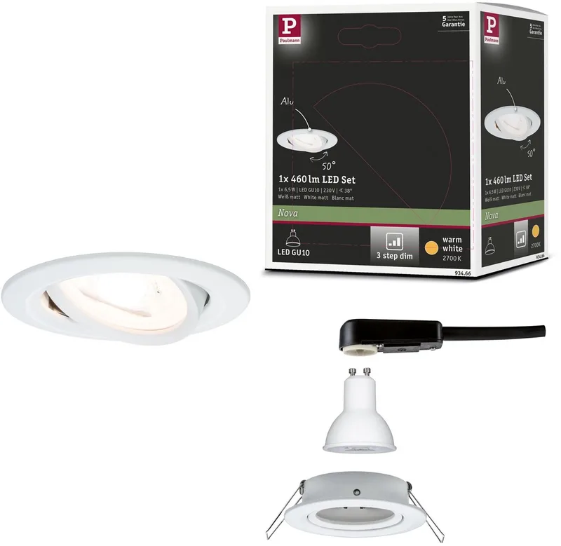 LED-inbouwlamp 3-Step-Dim Nova zwenkbaar rond 84 mm 50° GU10 6,5W 460lm 230V dimbaar 2700K de Paulmann en Wit mat – photo produit
