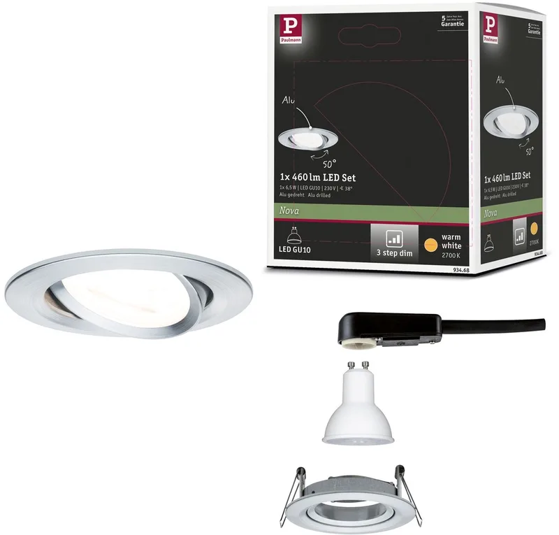 LED-inbouwlamp 3-Step-Dim Nova zwenkbaar rond 84mm 50° GU10 6,5W 460lm 230V dimbaar 2700K de Paulmann en Alu gedraaid – photo produit