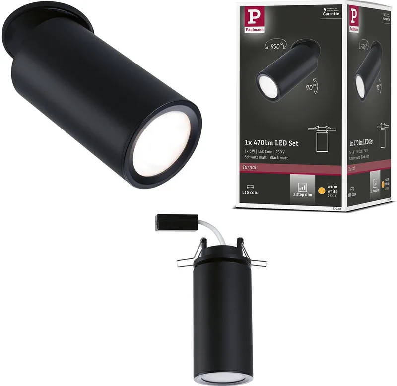 LED-inbouwlamp 3-Step-Dim Turnal rond 60 mm 90° Coin 6W 470lm 230V dimbaar 2700K de Paulmann en Zwart mat – photo produit