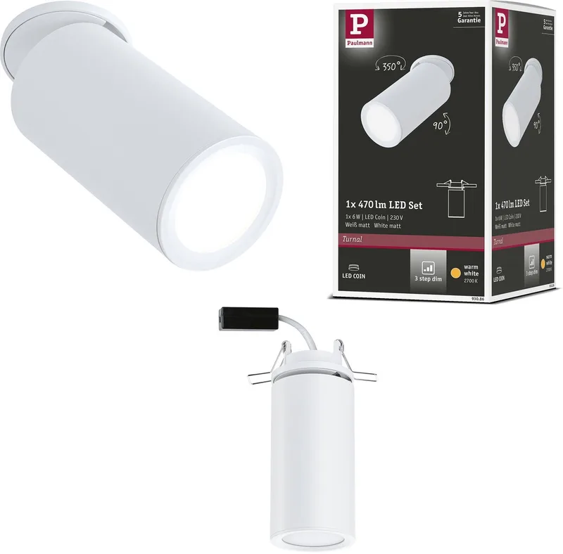 LED-inbouwlamp 3-Step-Dim Turnal rond 60 mm 90° Coin 6W 470lm 230V dimbaar 2700K från Paulmann i Wit mat – produktbild