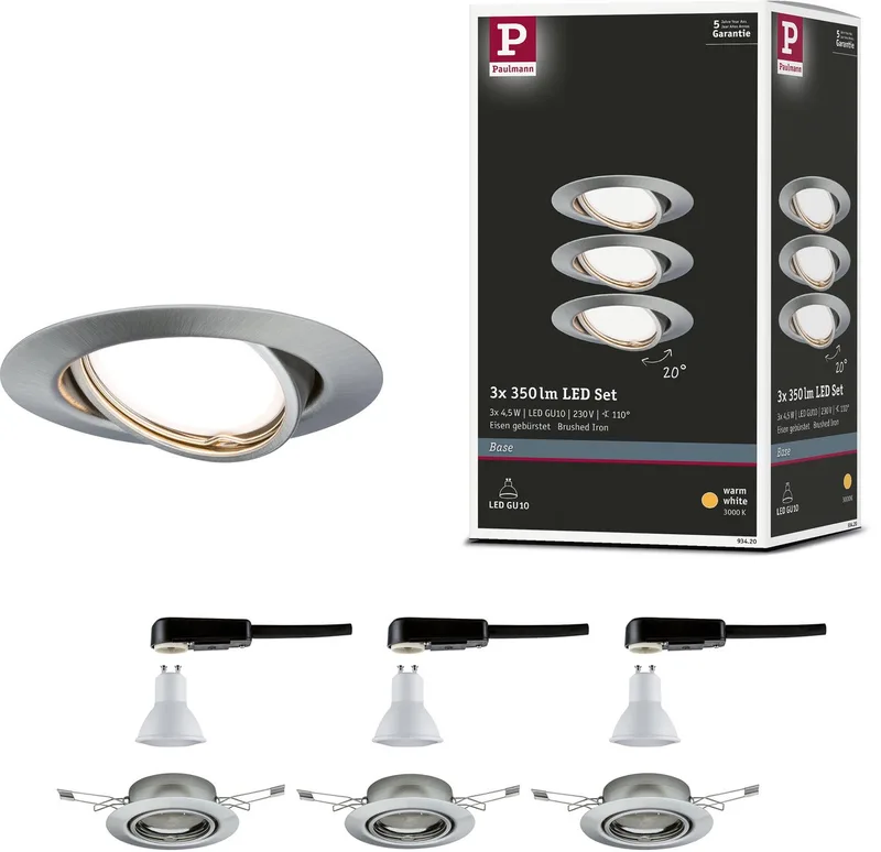 LED-inbouwlamp Base Basisset zwenkbaar rond 90 mm 20° GU10 3x5W 3x350lm 230V 3000K från Paulmann i Staal geborsteld – produktbild