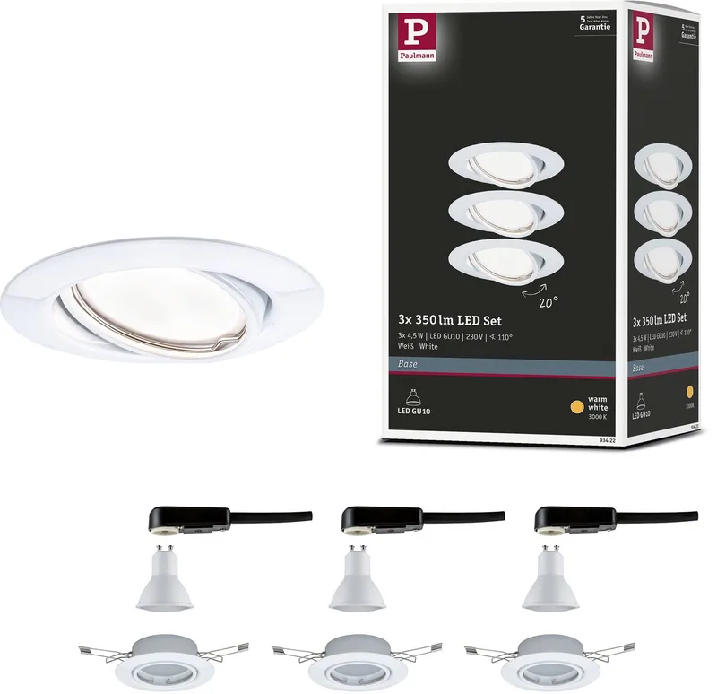 LED-inbouwlamp Base Basisset zwenkbaar rond 90 mm 20° GU10 3x5W 3x350lm 230V 3000K från Paulmann i Vit – produktbild