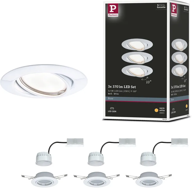 LED-inbouwlamp Base Coin Basisset zwenkbaar rond 90 mm 20° Coin 3x5W 3x370lm 230V 3000K by Paulmann in White – product photo