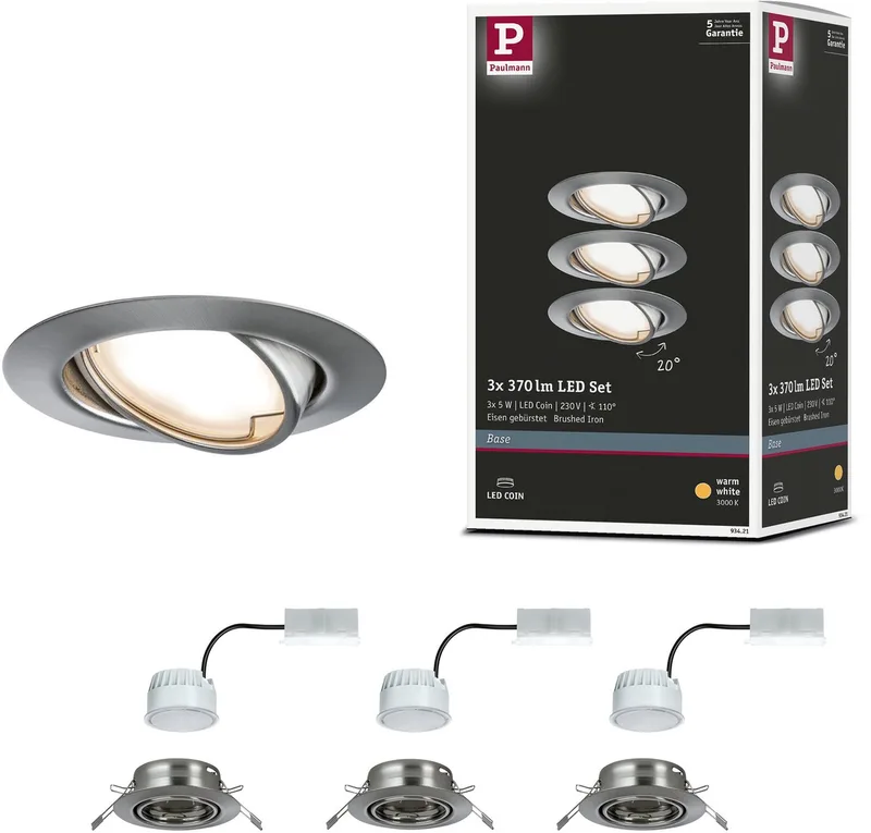 LED-indbygningslampe Base Coin basissæt svingbar rund 90 mm 20° Coin 3x5W 3x370lm 230V 3000K fra Paulmann i Staal geborsteld – produktbillede