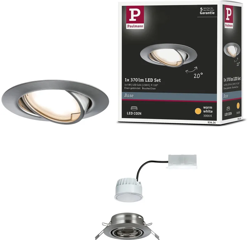 LED-inbouwlamp Base Coin Enkele lamp zwenkbaar rond 90 mm 20° Coin 5W 370lm 230V 3000K från Paulmann i Staal geborsteld – produktbild
