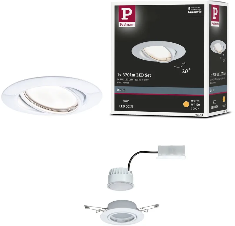 LED-inbouwlamp Base Coin Enkele lamp zwenkbaar rond 90 mm 20° Coin 5W 370lm 230V 3000K de Paulmann en Blanc – photo produit