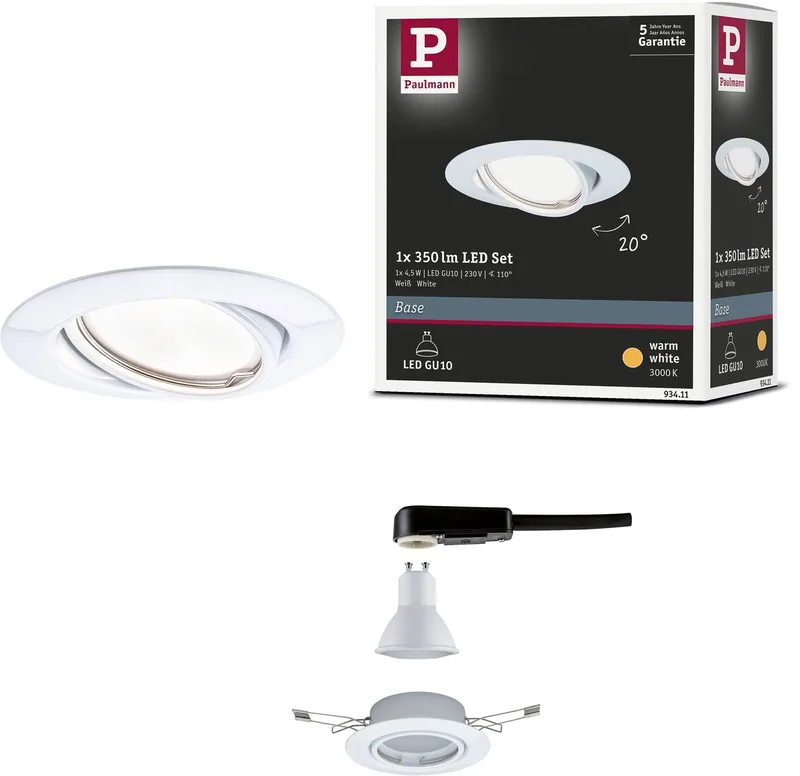 LED-inbouwlamp Base Enkele lamp zwenkbaar rond 90 mm 20° GU10 5W 350lm 230V 3000K fra Paulmann i Hvid – produktbillede