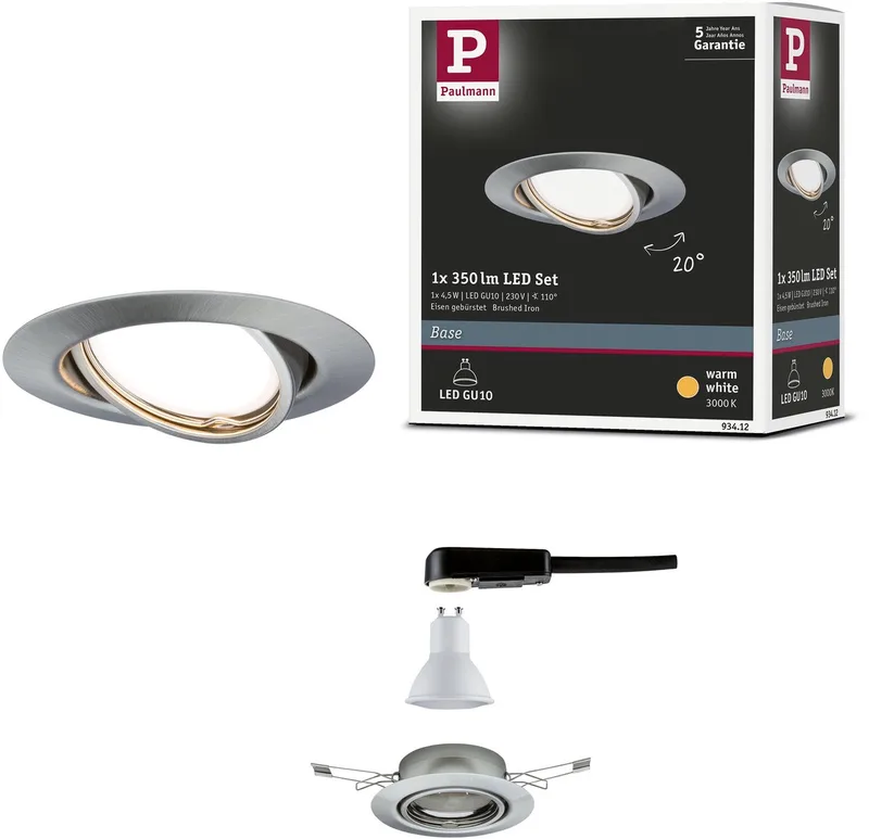 LED-inbouwlamp Base Enkele lamp zwenkbaar rond 90 mm 20° GU10 5W 350lm 230V 3000K från Paulmann i Staal geborsteld – produktbild