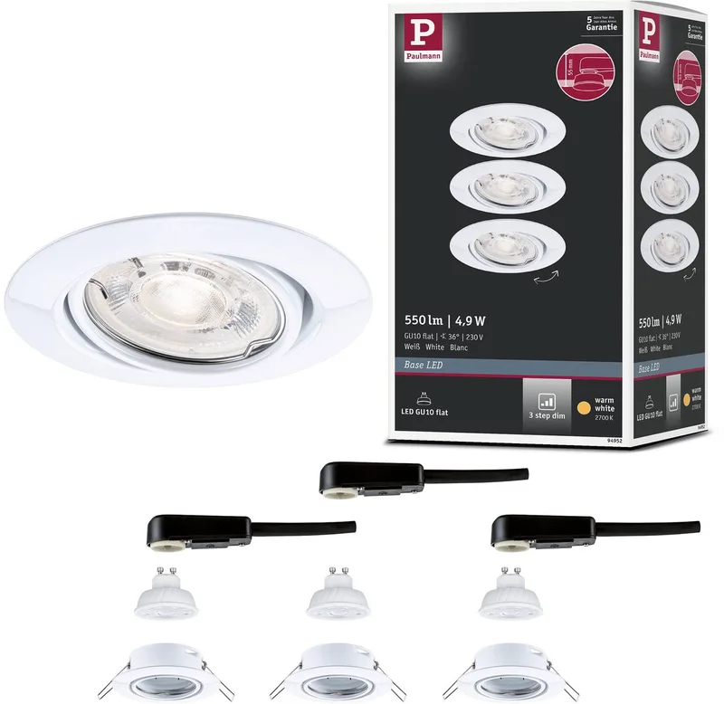 LED-inbouwlamp Base GU10 Flat draaibaar 3x4,9W 3x550lm 230V dimbaar 2700K från Paulmann i Vit – produktbild