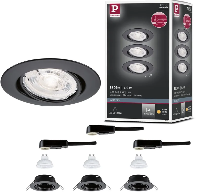LED-inbouwlamp Base GU10 Flat draaibaar 3x4,9W 3x550lm 230V dimbaar 2700K by Paulmann in Zwart mat – product photo