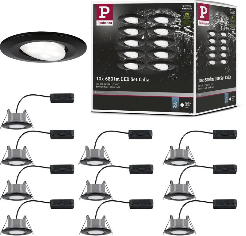 LED-inbouwlamp Calla Basisset zwenkbaar IP65 rond 90 mm 30° 10x6W 10x500lm 230V 4000K fra Paulmann i Zwart mat – produktbillede