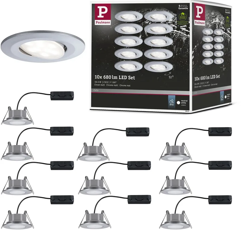 LED-indbygningslampe Calla basissæt svingbar IP65 rund 90 mm 30° 10x6W 10x530lm 230V 4000K fra Paulmann i Chroom mat – produktbillede
