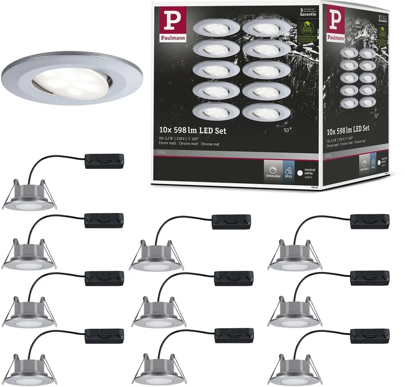 LED-indbygningslampe Calla basissæt, svingbar, IP65, rund 90 mm 30° 10x5,2W 10x460lm 230V dæmpbar 4000K fra Paulmann i Chroom mat – produktbillede