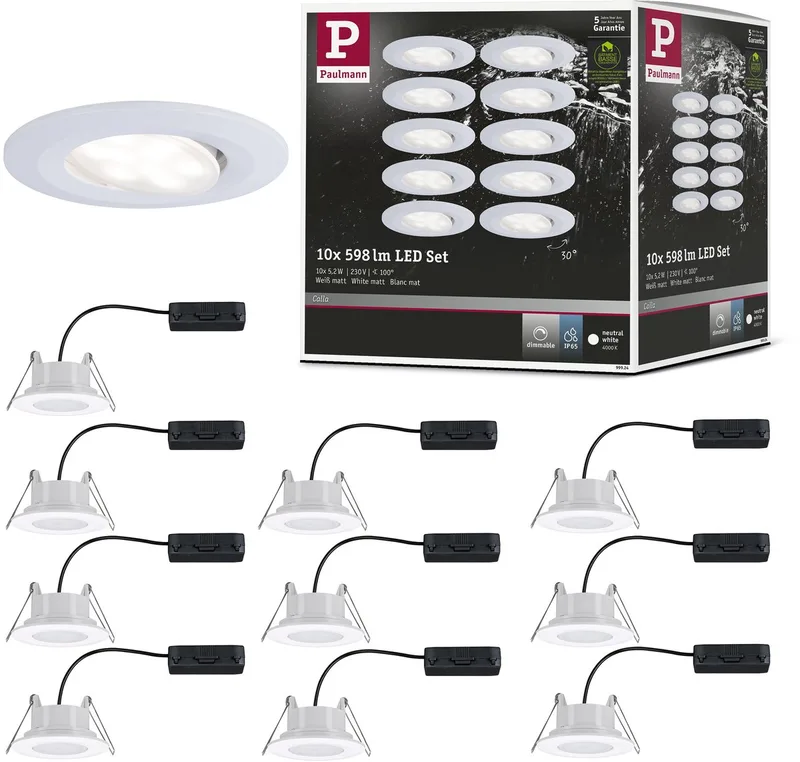 LED-indbygningslampe Calla basissæt, svingbar, IP65, rund 90 mm 30° 10x5,2W 10x460lm 230V dæmpbar 4000K fra Paulmann i Wit mat – produktbillede
