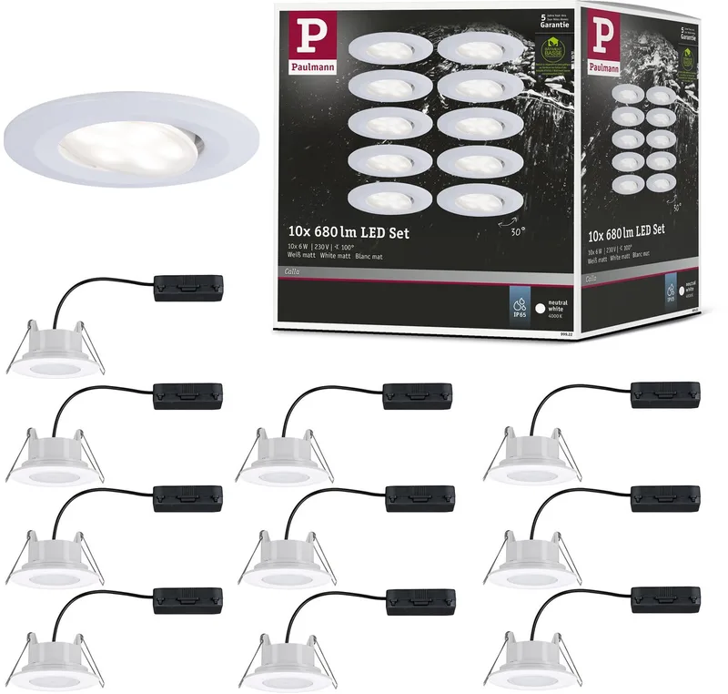 LED-inbouwlamp Calla Basisset zwenkbaar IP65 rond 90 mm 30° 10x6W 10x530lm 230V 4000K de Paulmann en Wit mat – photo produit