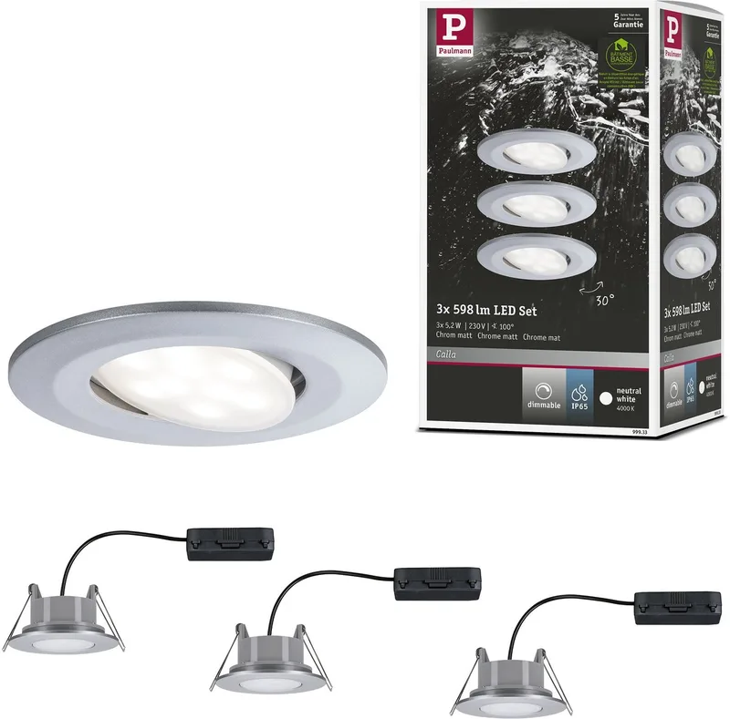LED-indbygningslampe Calla basissæt svingbar IP65 rund 90 mm 30° 3x5,2W 3x460lm 230V dæmpbar 4000K fra Paulmann i Chroom mat – produktbillede