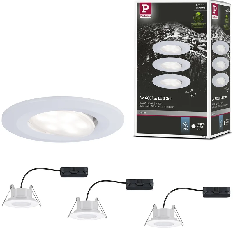 LED-indbygningslampe Calla basissæt, svingbar, IP65, rund 90 mm 30° 3x6W 3x530lm 230V 4000K fra Paulmann i Wit mat – produktbillede