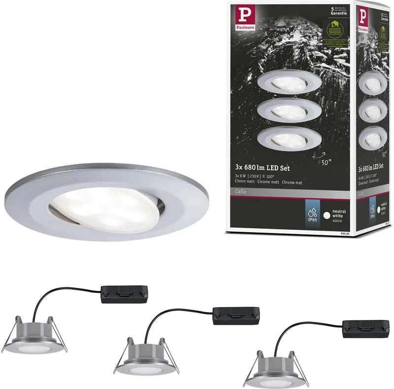 Spot encastrable LED Calla kit de base orientable IP65 rond 90 mm 30° 3x6W 3x530lm 230V 4000K de Paulmann en Chroom mat – photo produit