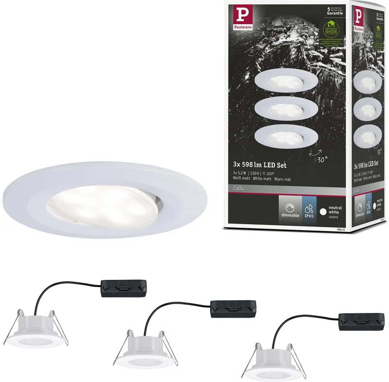 LED-inbouwlamp Calla Basisset zwenkbaar IP65 rond 90 mm 30° 3x5,2W 3x460lm 230V dimbaar 4000K by Paulmann in Wit mat – product photo