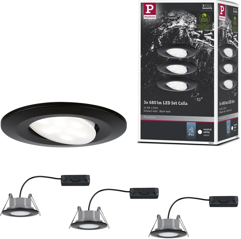 LED-inbouwlamp Calla Basisset zwenkbaar IP65 rond 90 mm 3x6W 3x530lm 230V 4000K fra Paulmann i Zwart mat – produktbillede