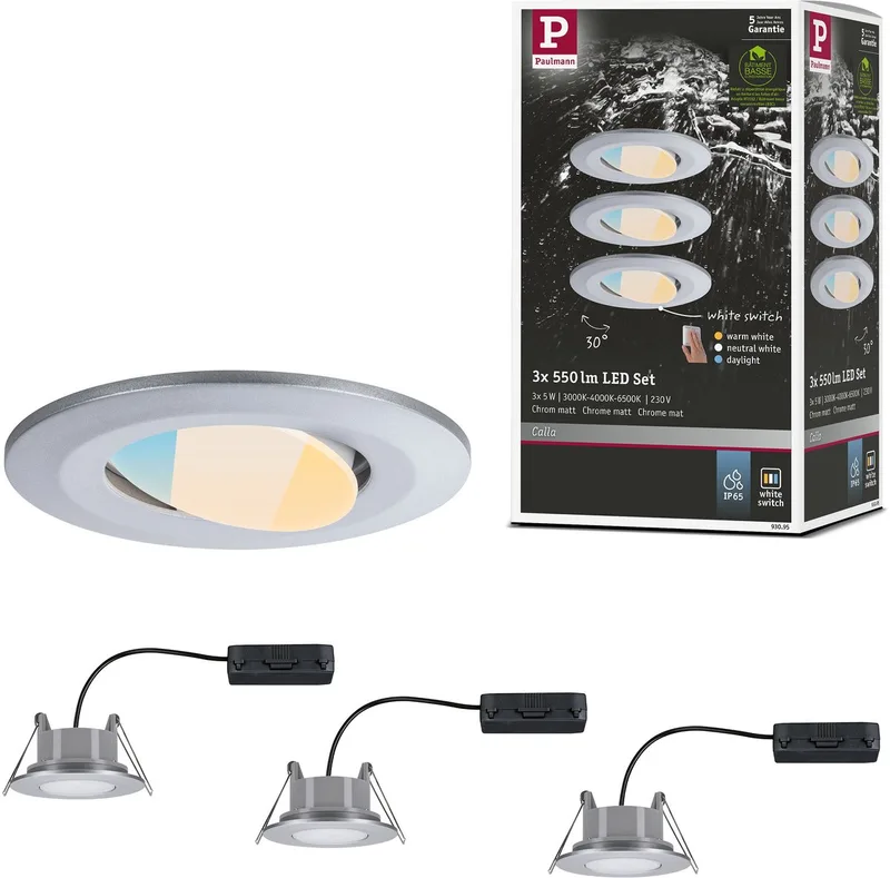 LED-inbouwlamp Calla Set van 3 zwenkbaar IP65 rond 90 mm 30° 3x5W 3x400lm 230V White Switch fra Paulmann i Chroom mat – produktbillede