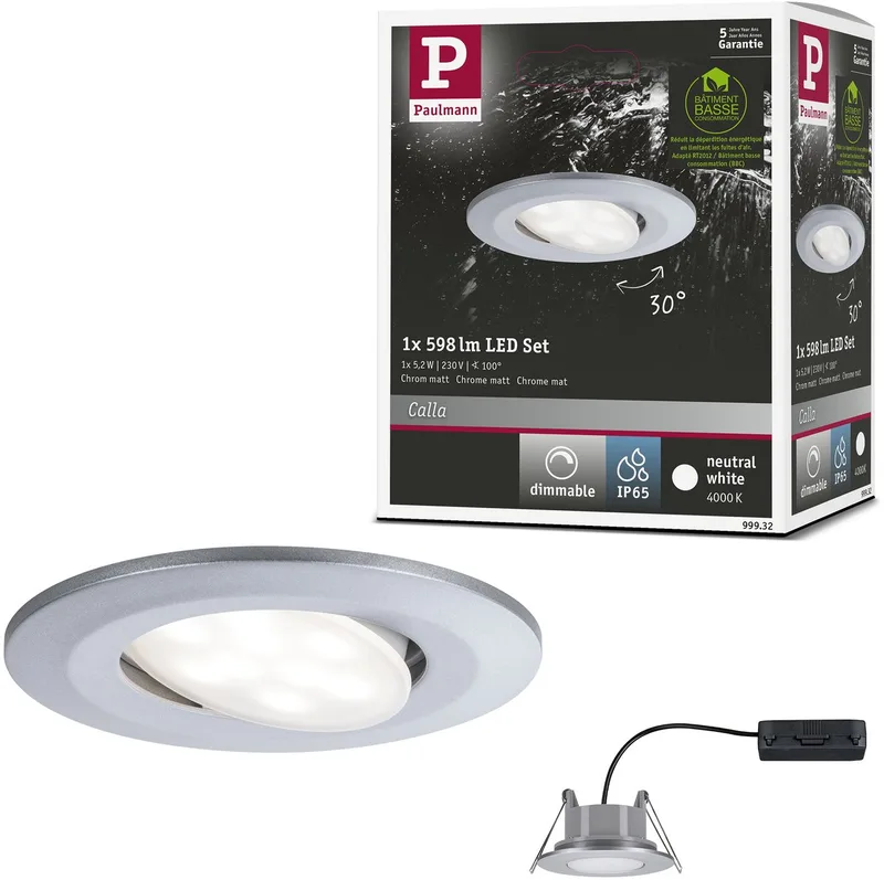 LED-inbouwlamp Calla zwenkbaar IP65 rond 90 mm 30° 5,2W 460lm 230V dimbaar 4000K fra Paulmann i Chroom mat – produktbillede