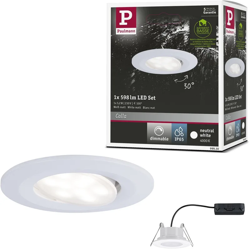 LED-inbouwlamp Calla zwenkbaar IP65 rond 90 mm 30° 5,2W 460lm 230V dimbaar 4000K fra Paulmann i Wit mat – produktbillede
