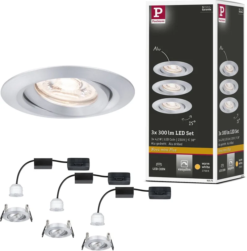 LED-inbouwlamp Easy Dim B-waar Nova Mini Plus Coin Basisset zwenkbaar rond 66 mm 15° Coin 3x4,2W 3x300lm 230V dimbaar 2700K van Paulmann in Alu – productfoto