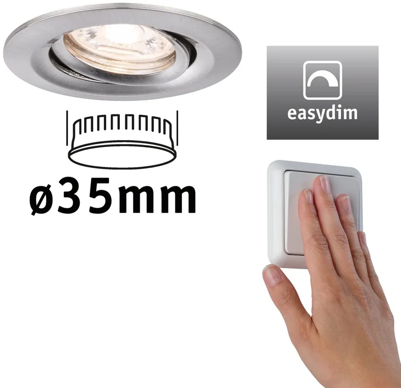 LED-inbouwlamp Easy Dim Nova Mini Plus Coin Enkele lamp zwenkbaar rond 66 mm 15° Coin 4,2W 300lm 230V dimbaar 2700K de Paulmann en Staal geborsteld – photo produit