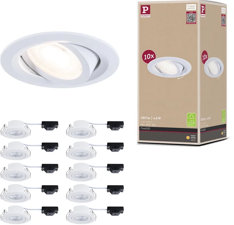 LED-inbouwlamp FixedLED Set van 10 draaibaar 25° 10x4,8W 10x460lm 230V 3000K från Paulmann i Vit – produktbild