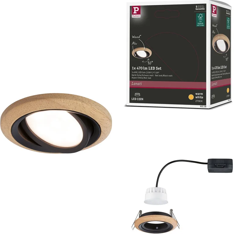 Paulmann 92238 Lanati Luminaire à LED encastrable LED 6 W noir (mat) de Paulmann en Geoliede eikenkleur, Zwart mat – photo produit