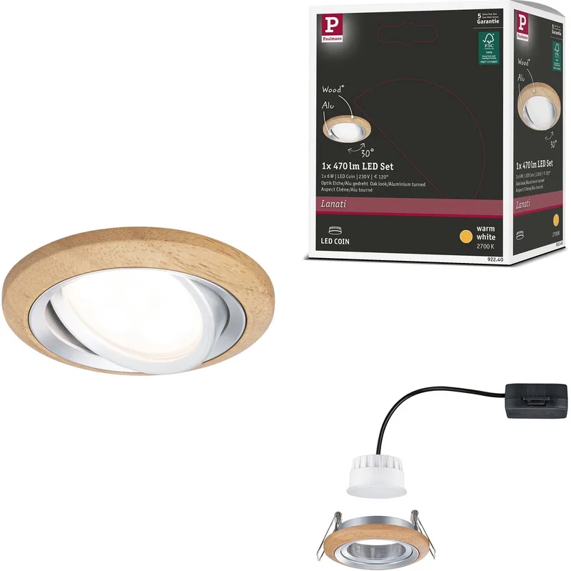 LED-inbouwlamp Lanati Losse spot rond 84 mm 30° Coin 6W 470lm 230V 2700K Geoliede eikenkleur, Alu gedraaid by Paulmann in Geoliede eikenkleur, Alu gedraaid – product photo